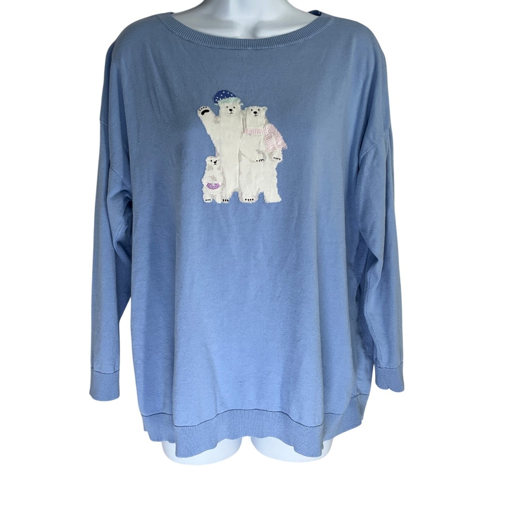 Talbots Plus Petite 1X Polar Bear Family Knit Sweater Blue Cotton Blend Pullover